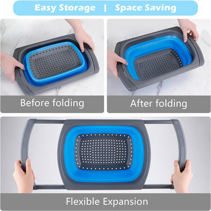 QUMENEY Collapsible Colander Strainer, Over the Sink Colander，Vegetable/Fruit Colanders Strainers with Extendable Handles,6 Quart,Blue