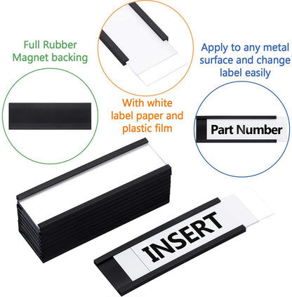 QUMENEY 50Pcs Magnetic Data Card Holders Magnetic Labels with Magnets and Cards for Metal Shelving, Metal Racks, Metal Mailboxes, 1 x 3 Inch