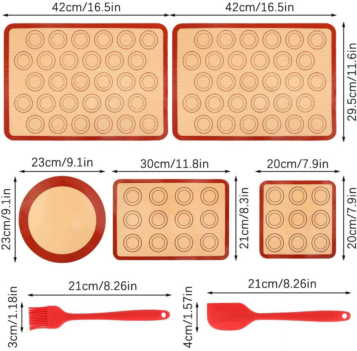 Silicone Baking Mats Set of 7, Non-Stick Silicone Mats for Baking, Reusable Baking Oven Liner Sheet with Small Silicone Brush Spatula Set for Cake/Macaron/Pastry/Cookie/Bread