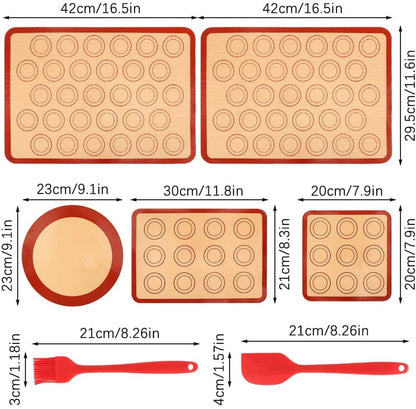 Silicone Baking Mats Set of 7, Non-Stick Silicone Mats for Baking, Reusable Baking Oven Liner Sheet with Small Silicone Brush Spatula Set for Cake/Macaron/Pastry/Cookie/Bread