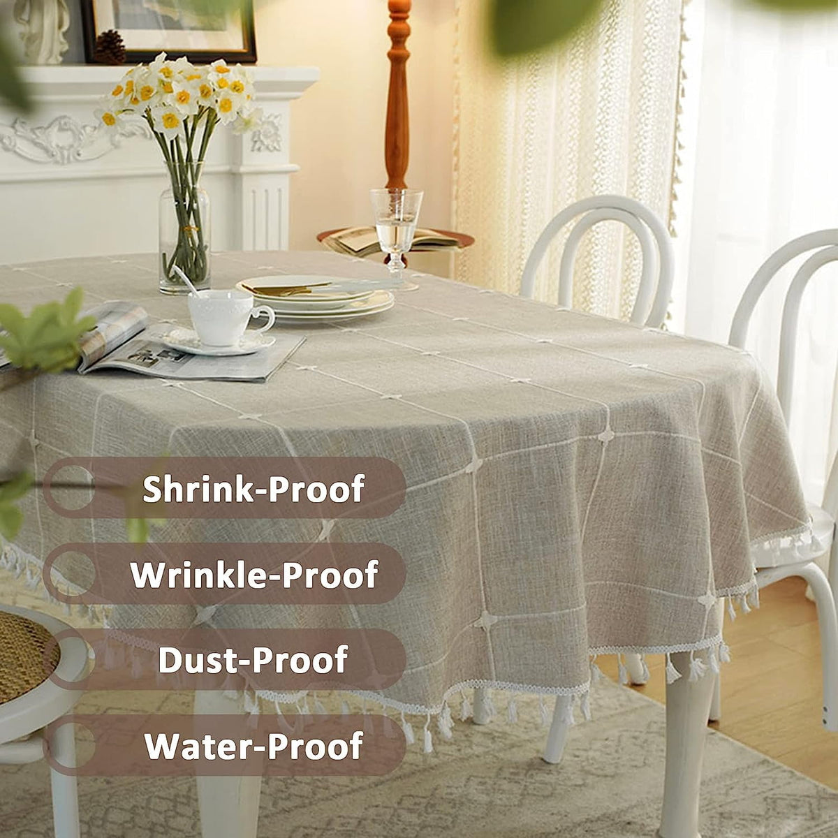 STONCEL Round Tablecloth, Boho Plaid Tassel Round Table Cloth, Heavy Weight Cotton Linen Table Cover for Kitchen Dining Farmhouse Party Tabletop Christmas Picnic Decoration (55inch, Beige)