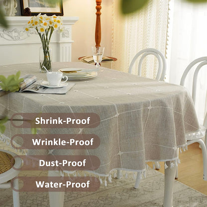 STONCEL Round Tablecloth, Boho Plaid Tassel Round Table Cloth, Heavy Weight Cotton Linen Table Cover for Kitchen Dining Farmhouse Party Tabletop Christmas Picnic Decoration (55inch, Beige)