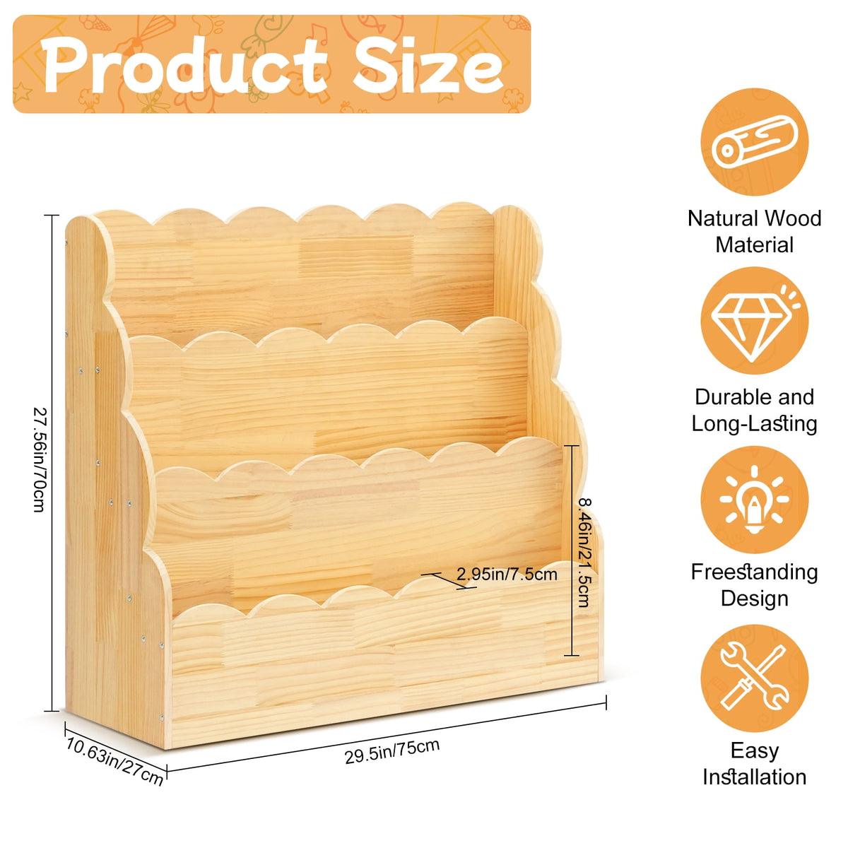 Yeulluey 3-Tier Scalloped Bookshelf, Montessori Bookcase for Toddlers, Wooden Book Shelf Organizer Display Furniture for Kids Rooms, Playroom, Nursery , Natural