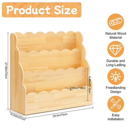 Yeulluey 3-Tier Scalloped Bookshelf, Montessori Bookcase for Toddlers, Wooden Book Shelf Organizer Display Furniture for Kids Rooms, Playroom, Nursery , Natural