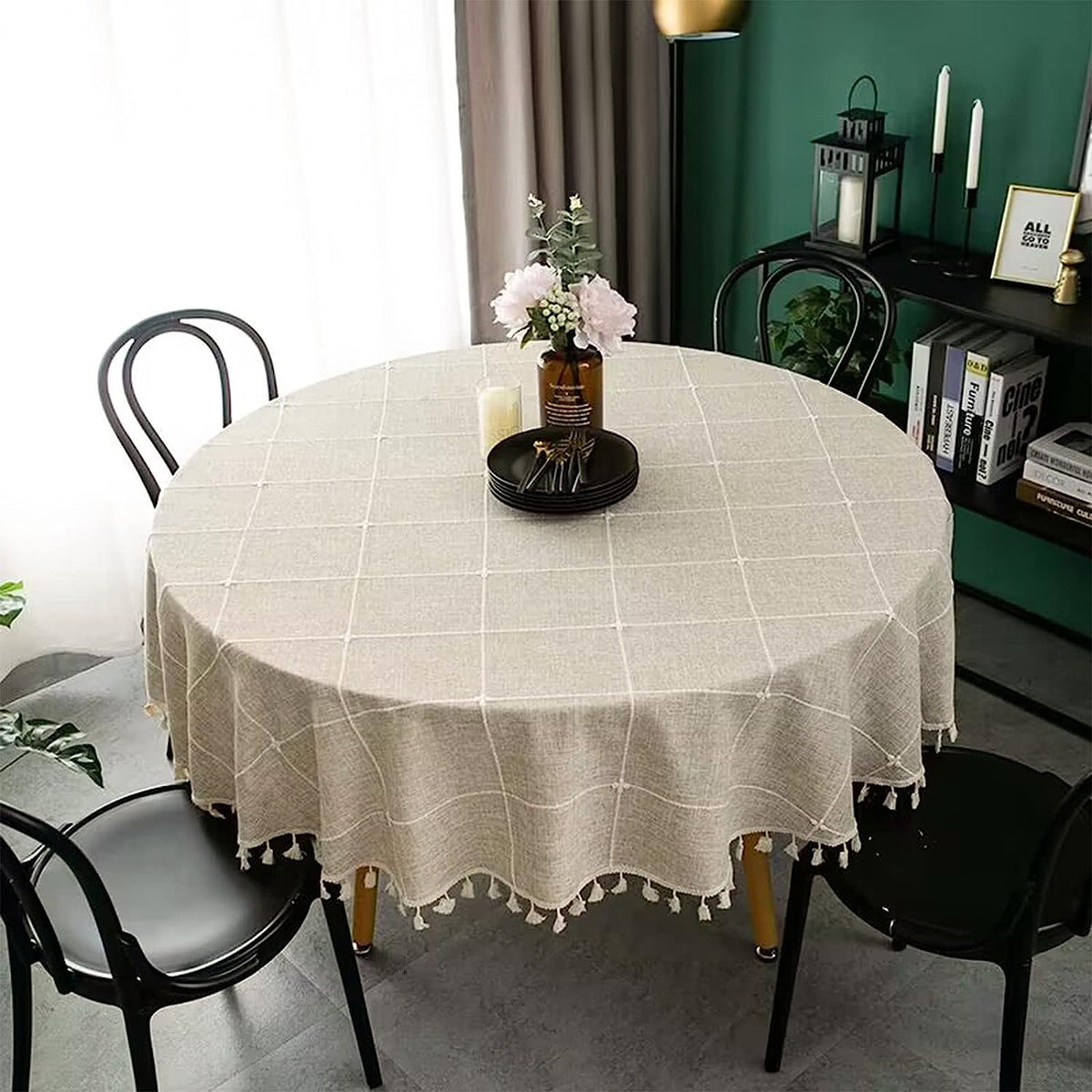 STONCEL Round Tablecloth, Boho Plaid Tassel Round Table Cloth, Heavy Weight Cotton Linen Table Cover for Kitchen Dining Farmhouse Party Tabletop Christmas Picnic Decoration (55inch, Beige)