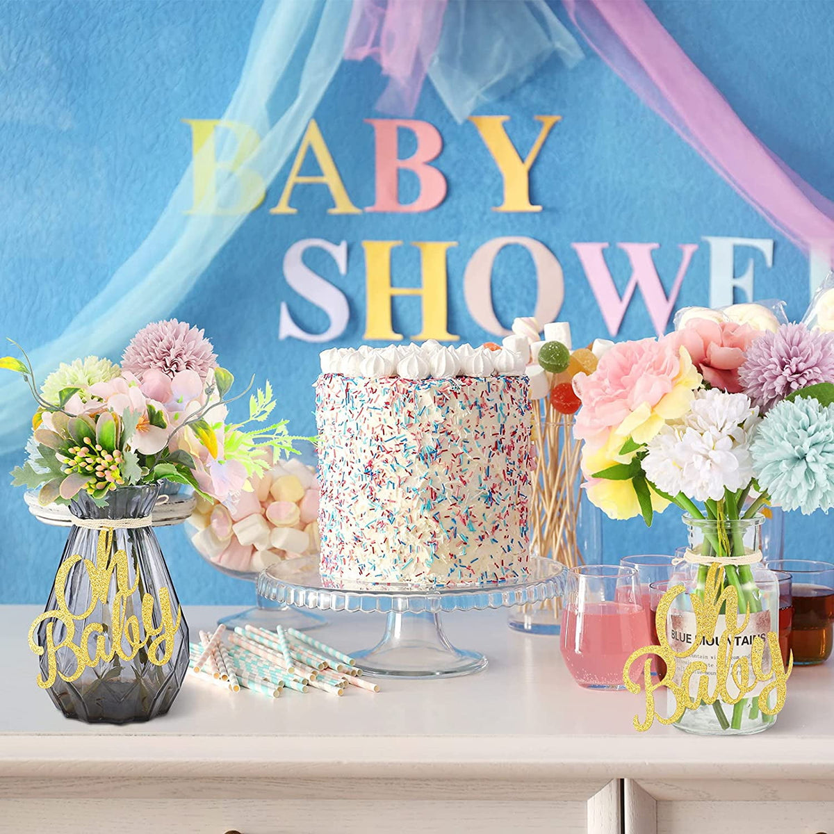 10 Pieces Baby Shower Cutout, Baby Table Centerpiece, Glitter Gender Reveal Party Decoration, Baby Shower Table Decoration with Rope for Hom
