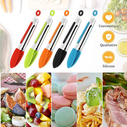 QUMENEY 7 Inch Mini Serving Kitchen Tongs with Silicone Tips, Stainless Steel Tongs for Salad, Grilling, Frying and Cooking, 5 Pieces