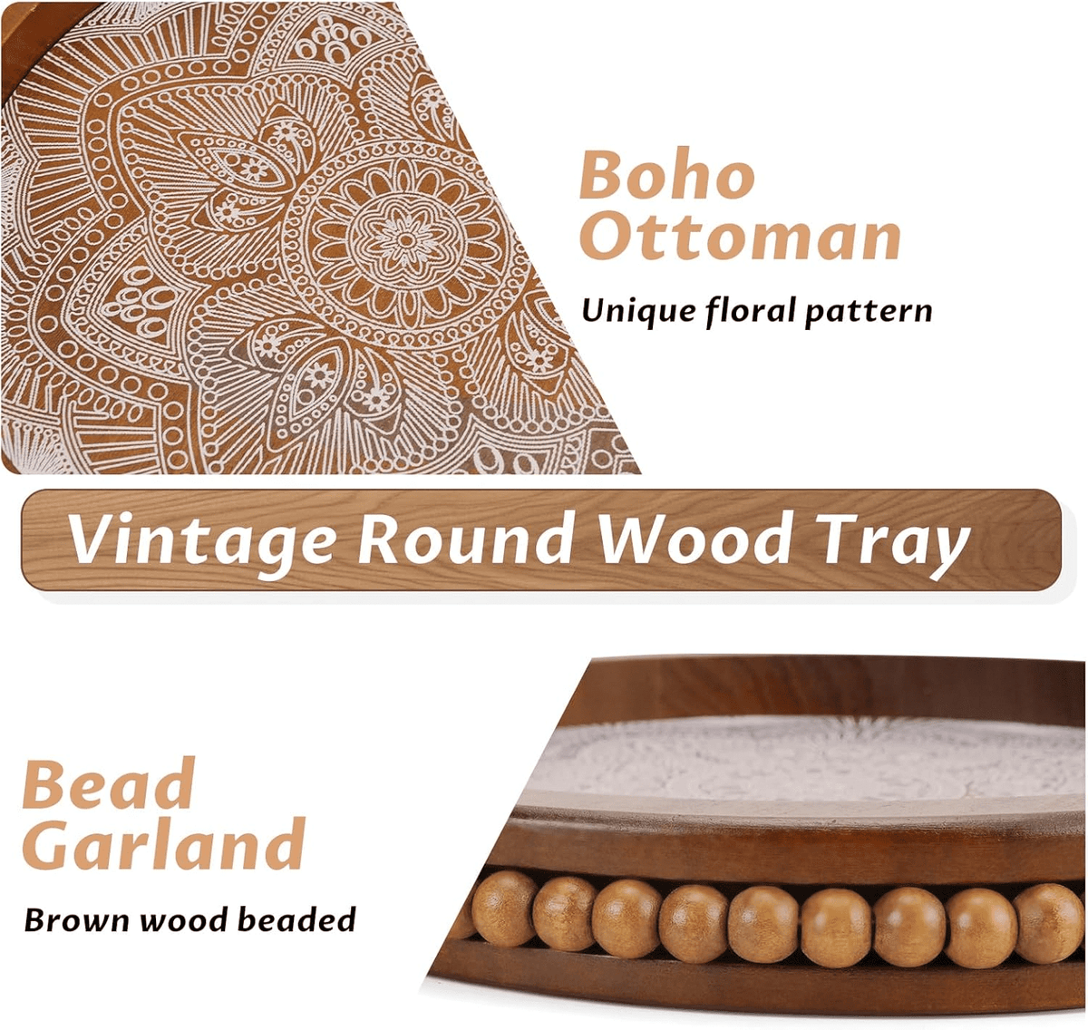 Wood Decorative Beaded Trays, Rustic Coffee Table Tray for Boho Home Decor, Round Serving Floral Tray for Ottoman Kitchen Counter Farmhouse Centerpiece Decor
