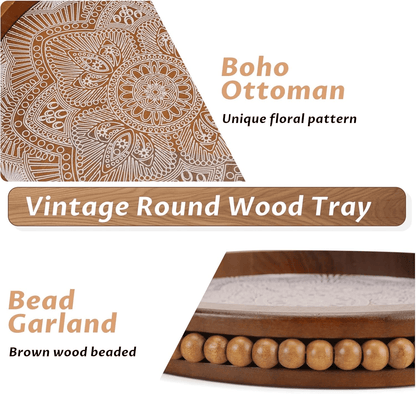 Wood Decorative Beaded Trays, Rustic Coffee Table Tray for Boho Home Decor, Round Serving Floral Tray for Ottoman Kitchen Counter Farmhouse Centerpiece Decor