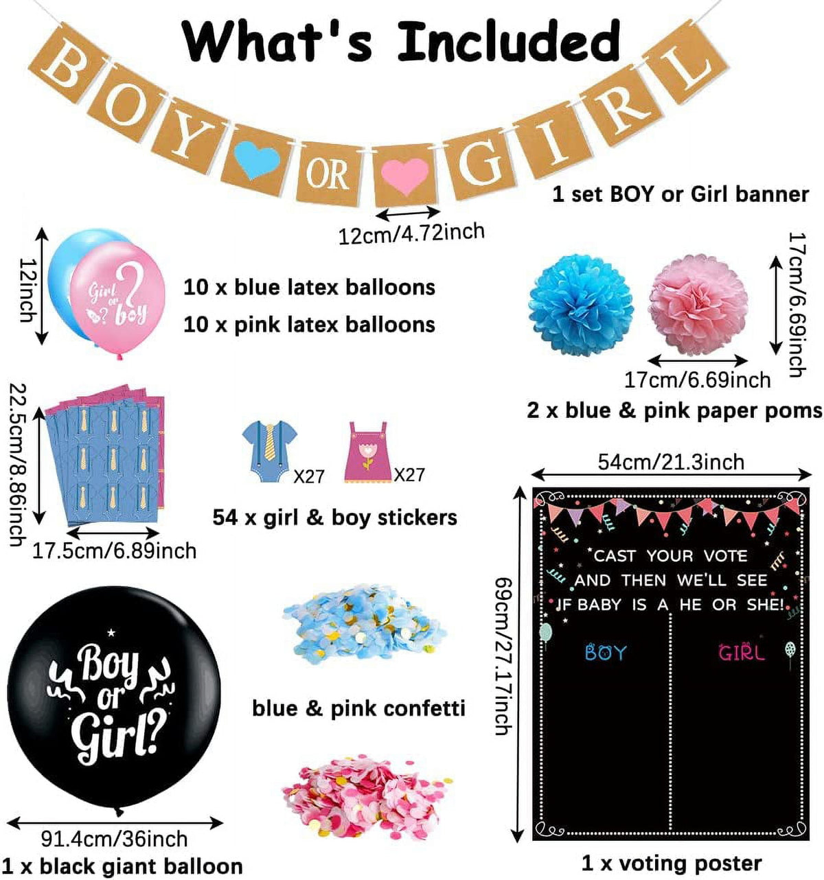 Baby Gender Reveal Decoration Set, Gender Reveal Party Poster Games with 54 Boy or Girl Voting Stickers, 26 Gender Reveal Party Supplies with Black, Pink, Blue Balloon, Baby Shower Banner