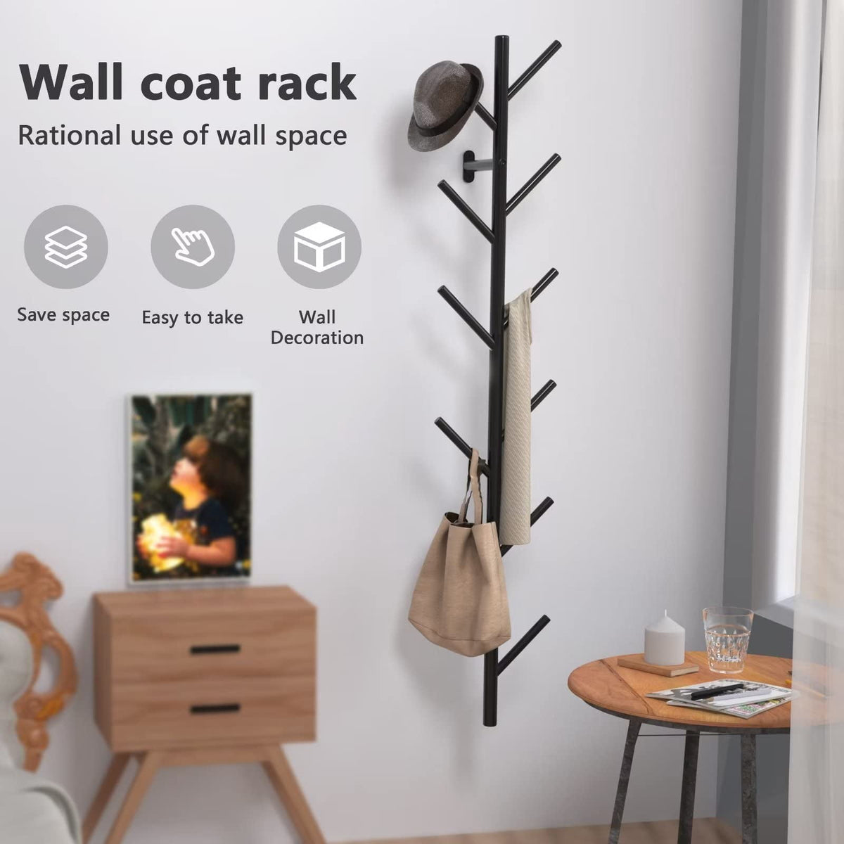 Vertical Coat Rack Wall Mount, Hat Rack for Wall, Modern Design Floating Coat Rack, Coat Tree for Clothes, Scarves, Bags, Caps, Metal Vertical Hooks for Living Room, Bedroom, Entryway
