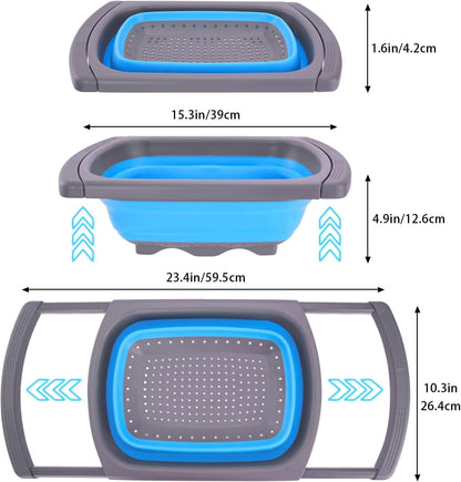 QUMENEY Collapsible Colander Strainer, Over the Sink Colander，Vegetable/Fruit Colanders Strainers with Extendable Handles,6 Quart,Blue