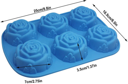 Large Rose Flower Silicone Tray for Cake Bread Pudding Chocolate Muffin Soap, 6-Cavity 3D Ice Cube Handmade Molds- Purple & Blue & Pink