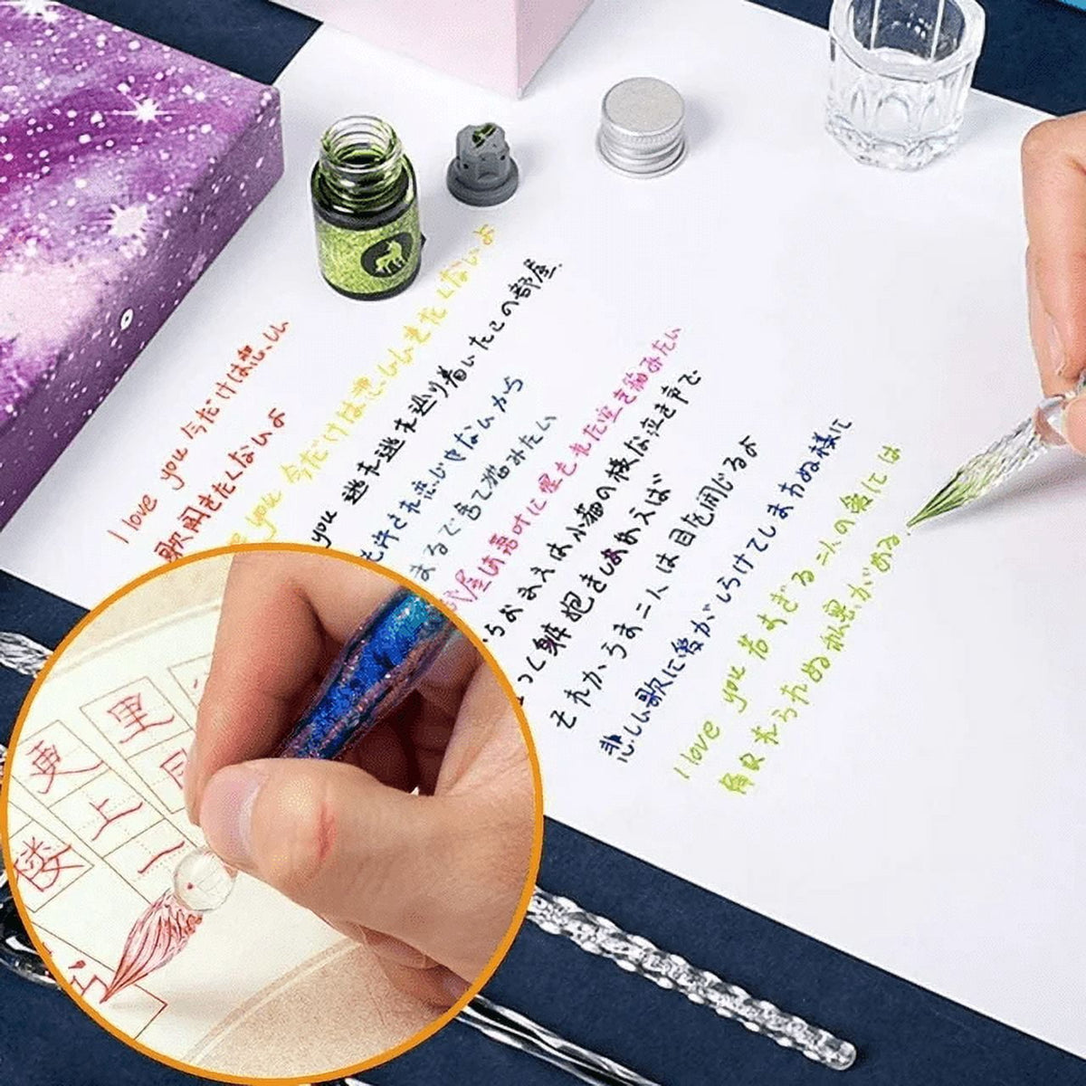 STONCEL Glass Dip Pen Set, 18-Pieces Calligraphy Pens Set - 14 Color Inks, Pen Holder, Cleaning Cup, 2 Crystal Glass Pens for Art, Writing, Drawing, Signatures, Gift for Artist