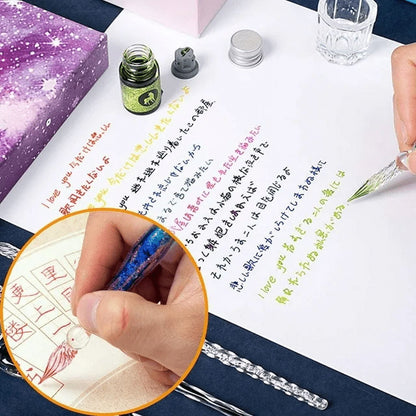 STONCEL Glass Dip Pen Set, 18-Pieces Calligraphy Pens Set - 14 Color Inks, Pen Holder, Cleaning Cup, 2 Crystal Glass Pens for Art, Writing, Drawing, Signatures, Gift for Artist