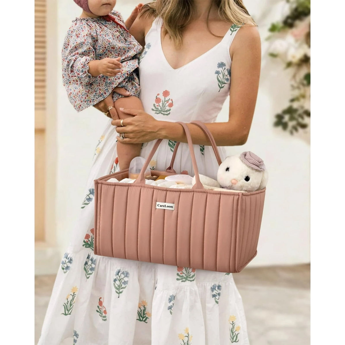 CareLoom Baby Diaper Bags Caddy Organizer, Baby Shower Basket for Girls, Gift for Newborn Essentials, Baby Registry Must Have, Stylish Baby Basket for Changing Table Car Travel - Blush Pink