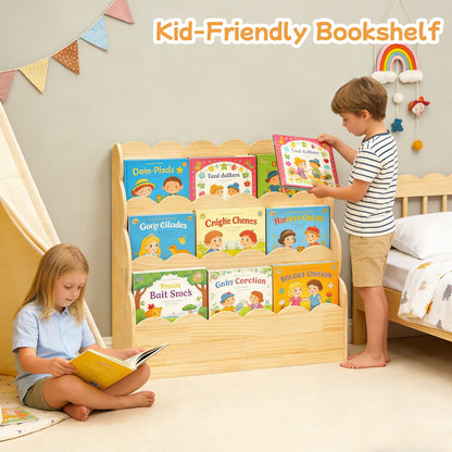 Yeulluey 3-Tier Scalloped Bookshelf, Montessori Bookcase for Toddlers, Wooden Book Shelf Organizer Display Furniture for Kids Rooms, Playroom, Nursery , Natural