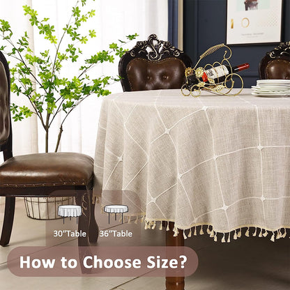 STONCEL Round Tablecloth, Boho Plaid Tassel Round Table Cloth, Heavy Weight Cotton Linen Table Cover for Kitchen Dining Farmhouse Party Tabletop Christmas Picnic Decoration (55inch, Beige)