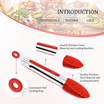 QUMENEY 7 Inch Mini Serving Kitchen Tongs with Silicone Tips, Stainless Steel Tongs for Salad, Grilling, Frying and Cooking, 5 Pieces