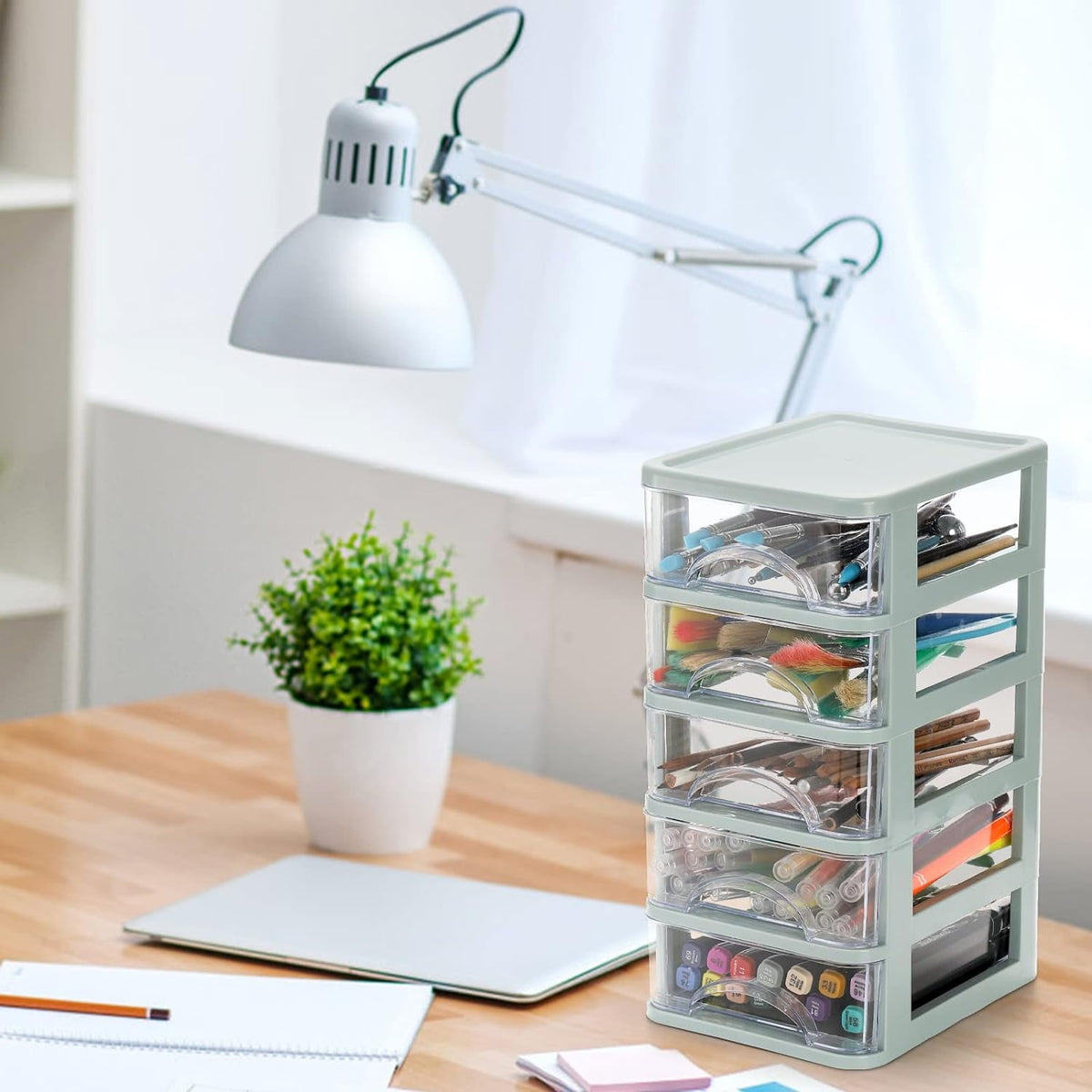 QUMENEY Desktop Drawer, Clear 5-Drawer Desktop Storage Unit, Small Organizer Box Storage Container Case, Frame with Clear Drawers, Drawer Un