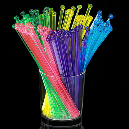 QUMENEY 100 Pieces Disposable Plastic Round Top Crystal Swizzle Sticks (Rainbow Color)