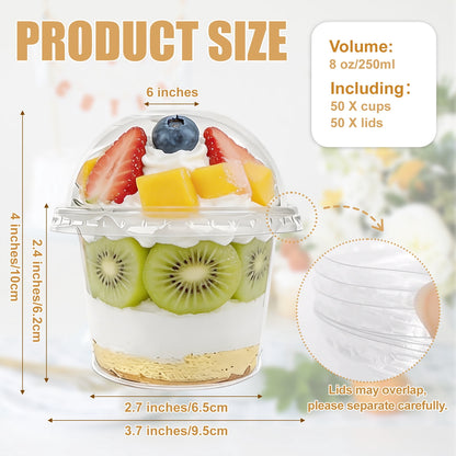 LIOUCBD 50 Pcs 8 OZ Disposable Plastic Cups with Dome Lids,Clear Dessert Cup,Mini Parfait Appetizer Containers for Ice Cream,Cake,Fruit,Pudding,Jello Shot,Drink,Yogurt,Soups,Salad,Snacks