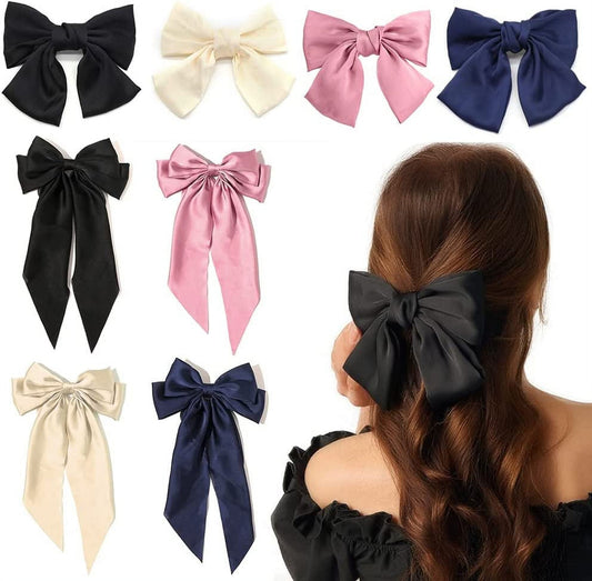 8Pcs Big Bow Hair Clips, French Barrette with Long Silky Satin Ribbon, Solid Color Large Hair Bow Pins Bowknot Hair Slides Accessories for Women Girls Lolita Party Mother's Day Gift
