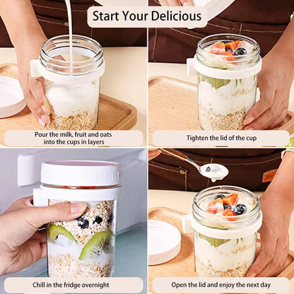 3PCS Overnight Oats Containers with Lids and Spoon, 10oz Overnight Oats Jars, Large Airtight Oatmeal Container with Bag, Glass Mason Jars fo