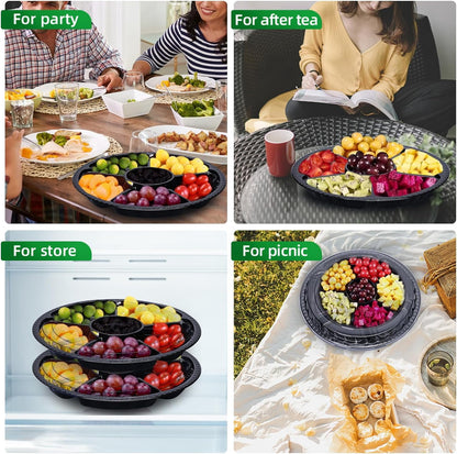 LIOUCBD 10 Pcs Plastic Appetizer Serving Tray with Lid Round 12.5 Inch with Lid Disposable Serving Fruit Veggie Catering Tray with 6 Divided Compartment for Fruit Snack Veggie Party