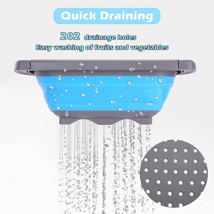 QUMENEY Collapsible Colander Strainer, Over the Sink Colander，Vegetable/Fruit Colanders Strainers with Extendable Handles,6 Quart,Blue