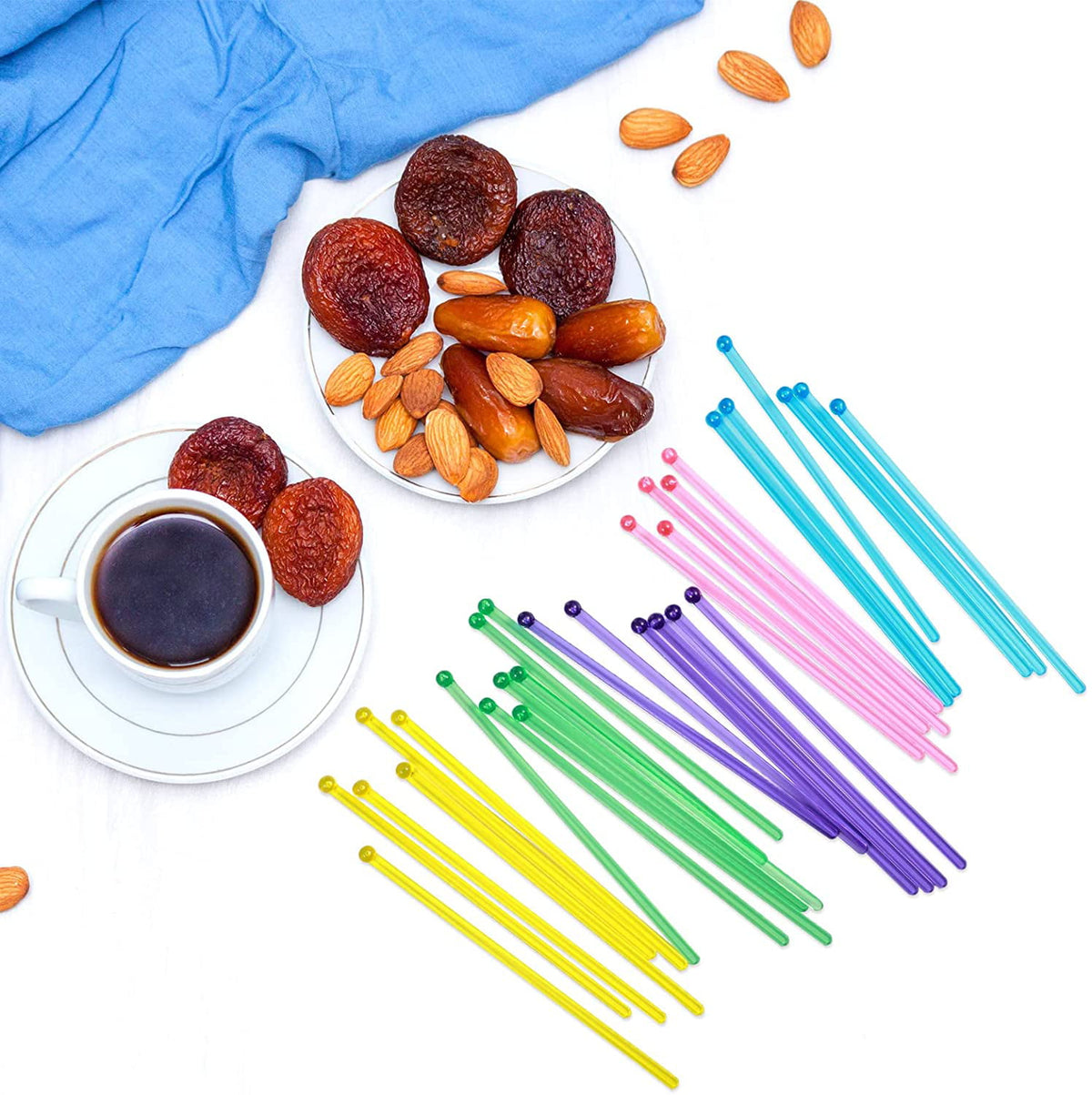 QUMENEY 100 Pieces Disposable Plastic Round Top Crystal Swizzle Sticks (Rainbow Color)