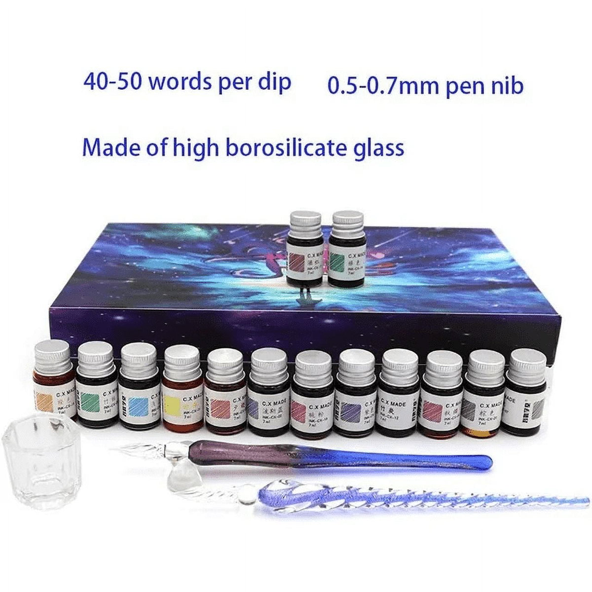 STONCEL Glass Dip Pen Set, 18-Pieces Calligraphy Pens Set - 14 Color Inks, Pen Holder, Cleaning Cup, 2 Crystal Glass Pens for Art, Writing, Drawing, Signatures, Gift for Artist