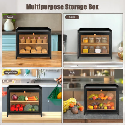 Bamboo Bread Box for Kitchen Countertop, Double Layer Bread Storage Container Farmhouse Bread Organizer Bin with Acrylic Window Bread Holder for Cabinet, Pantry, Cupboard(Black)