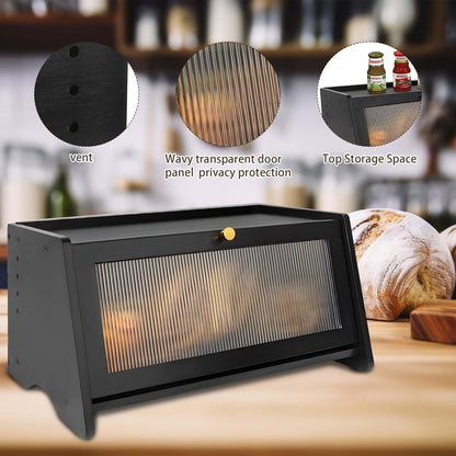 Black Bread Box for Kitchen Countertop, Yeulluey Bamboo Bread Box Bread Storage Container for Homemade Bread, Large Bread Bin with Window and Air Vents to Keep Fresh Bread