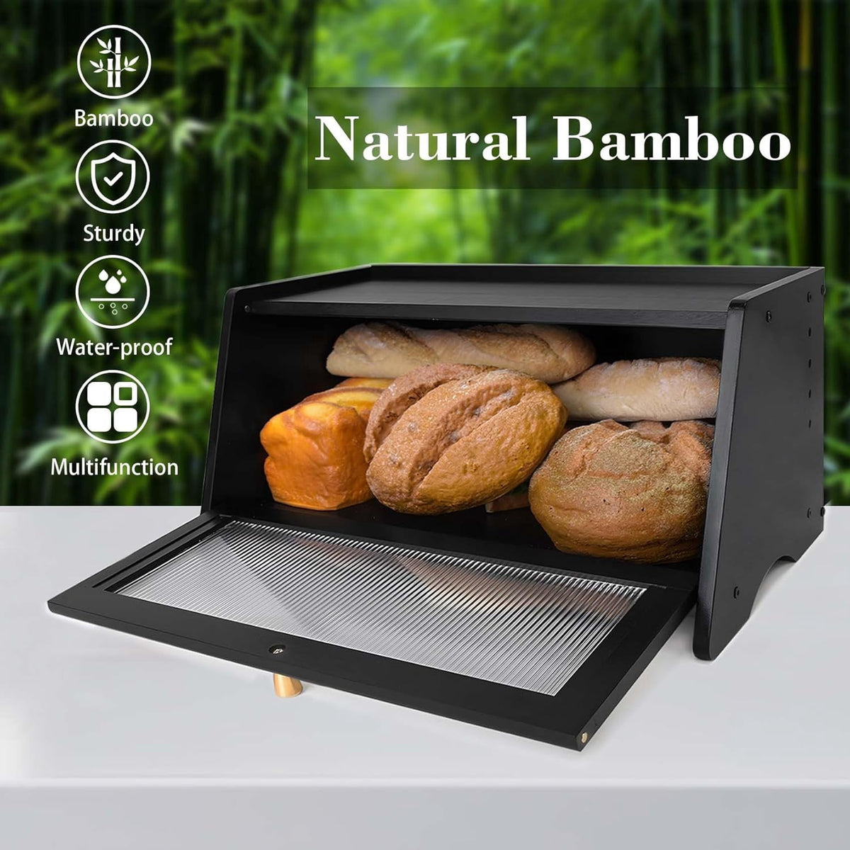 Black Bread Box for Kitchen Countertop, Yeulluey Bamboo Bread Box Bread Storage Container for Homemade Bread, Large Bread Bin with Window and Air Vents to Keep Fresh Bread