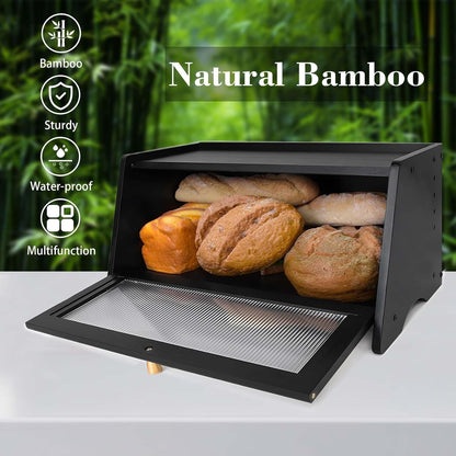 Black Bread Box for Kitchen Countertop, Yeulluey Bamboo Bread Box Bread Storage Container for Homemade Bread, Large Bread Bin with Window and Air Vents to Keep Fresh Bread