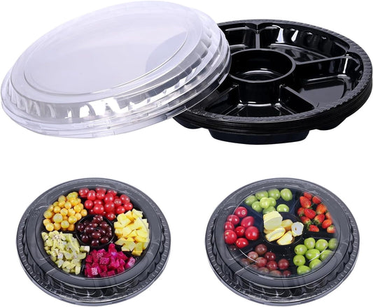 LIOUCBD 10 Pcs Plastic Appetizer Serving Tray with Lid Round 12.5 Inch with Lid Disposable Serving Fruit Veggie Catering Tray with 6 Divided Compartment for Fruit Snack Veggie Party