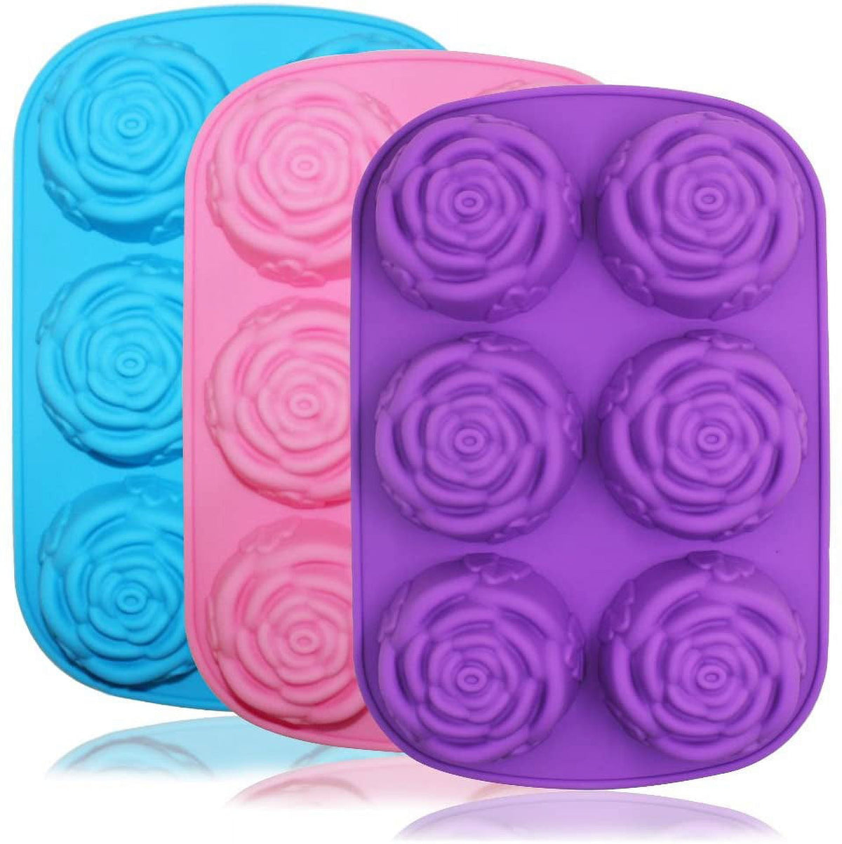 Large Rose Flower Silicone Tray for Cake Bread Pudding Chocolate Muffin Soap, 6-Cavity 3D Ice Cube Handmade Molds- Purple & Blue & Pink