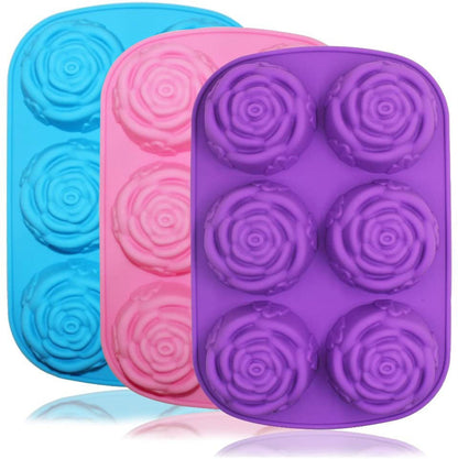 Large Rose Flower Silicone Tray for Cake Bread Pudding Chocolate Muffin Soap, 6-Cavity 3D Ice Cube Handmade Molds- Purple & Blue & Pink