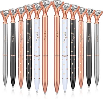 QUMENEY 12Pcs Thanks Diamond Ballpoint Pens Rhinestones Black Ink Pens Bling Metal Gel Ink Pen Thanks Present for Event Party Employee Appre