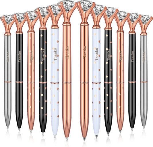 QUMENEY 12Pcs Thanks Diamond Ballpoint Pens Rhinestones Black Ink Pens Bling Metal Gel Ink Pen Thanks Present for Event Party Employee Appre