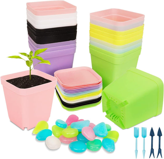 QUMENEY 21 Pack Colorful Flower Pots Square Plastic Plant Pots, Seedling Nursery Pots with Saucer for Succulents, Planter Container Indoor O