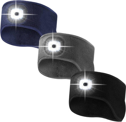 QUMENEY 3 Pieces LED Headband with Light Rechargeable Fleece Ear Warmer Elastic Headband Winter Headlamp with Light
