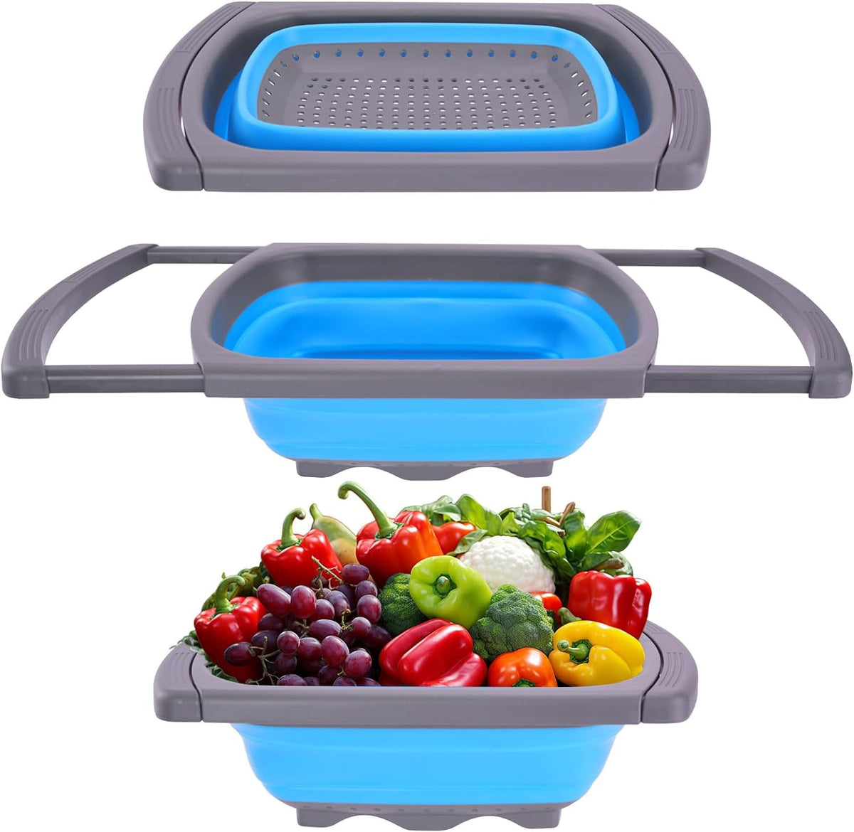 QUMENEY Collapsible Colander Strainer, Over the Sink Colander，Vegetable/Fruit Colanders Strainers with Extendable Handles,6 Quart,Blue
