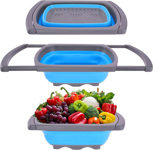 QUMENEY Collapsible Colander Strainer, Over the Sink Colander，Vegetable/Fruit Colanders Strainers with Extendable Handles,6 Quart,Blue