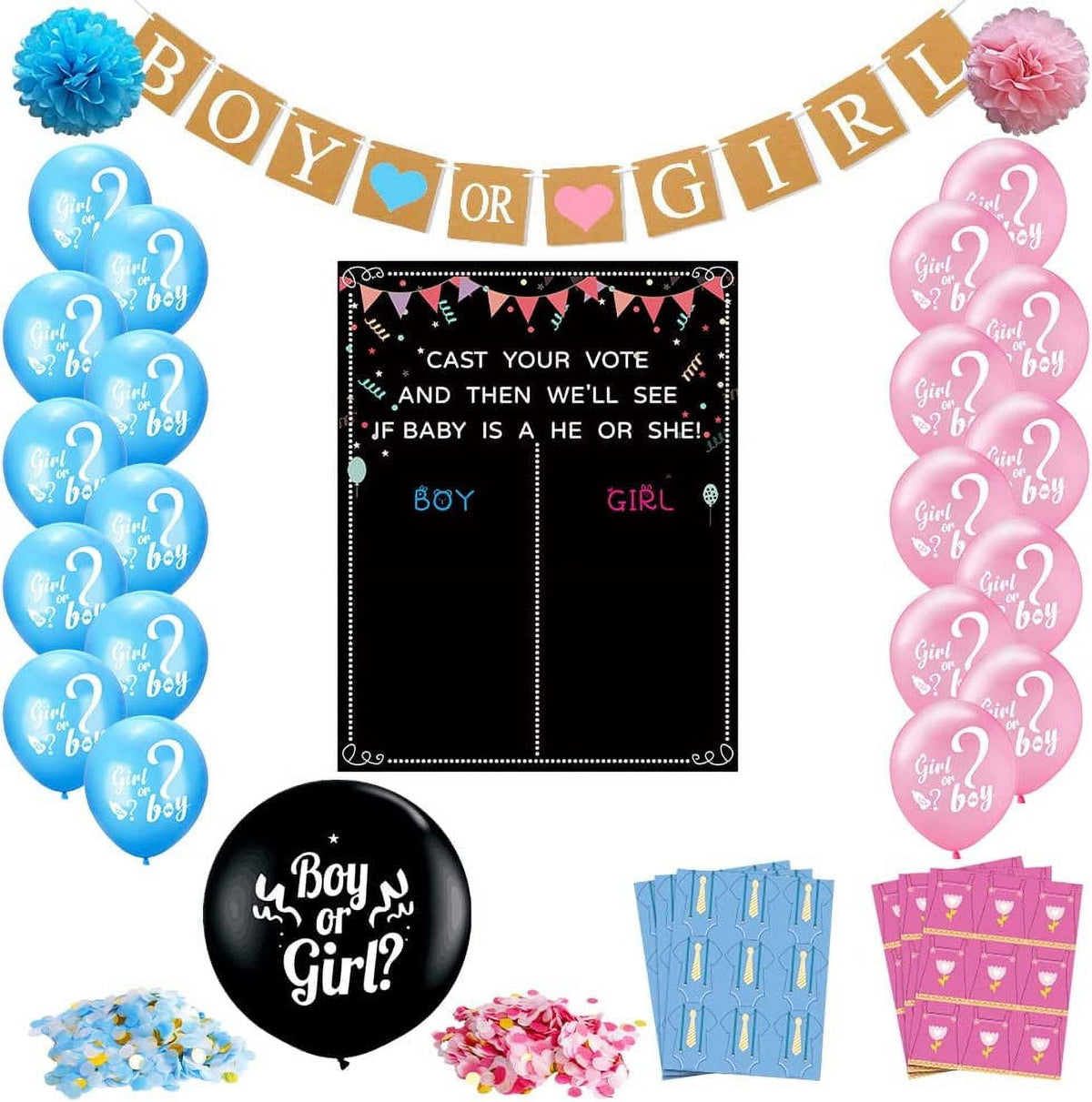 Baby Gender Reveal Decoration Set, Gender Reveal Party Poster Games with 54 Boy or Girl Voting Stickers, 26 Gender Reveal Party Supplies with Black, Pink, Blue Balloon, Baby Shower Banner