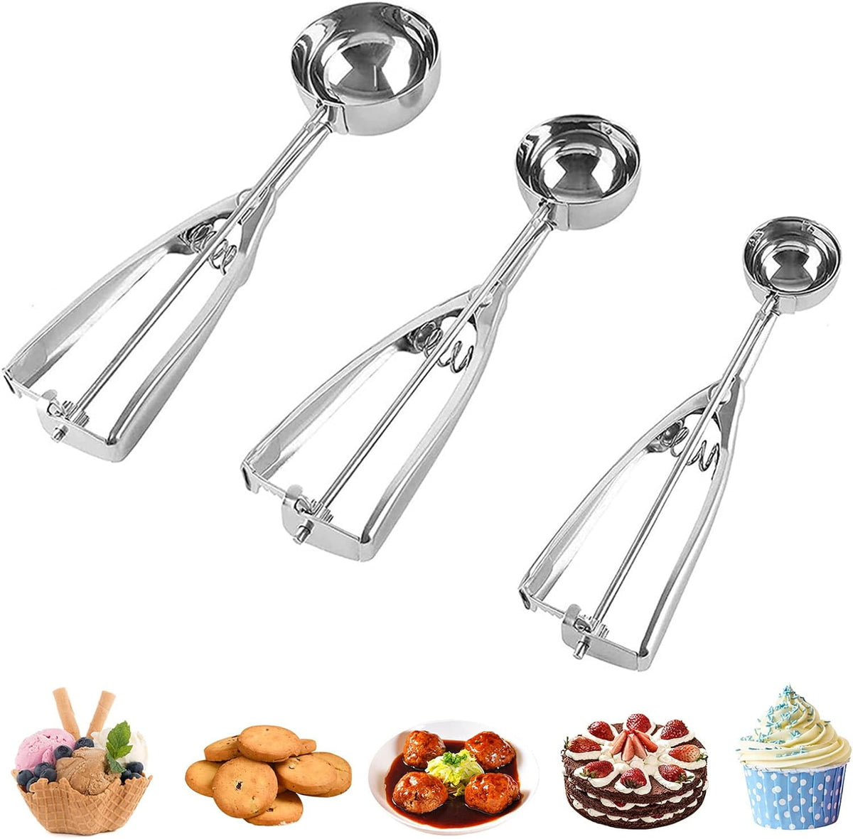 STONCEL Cookie Scoop Set of 3, Ice Cream Scooper with Trigger Release, Small/Medium/Large Stainless Steel Tablespoon Dough Scoop, for Melon Baller Baking Meatball Muffin