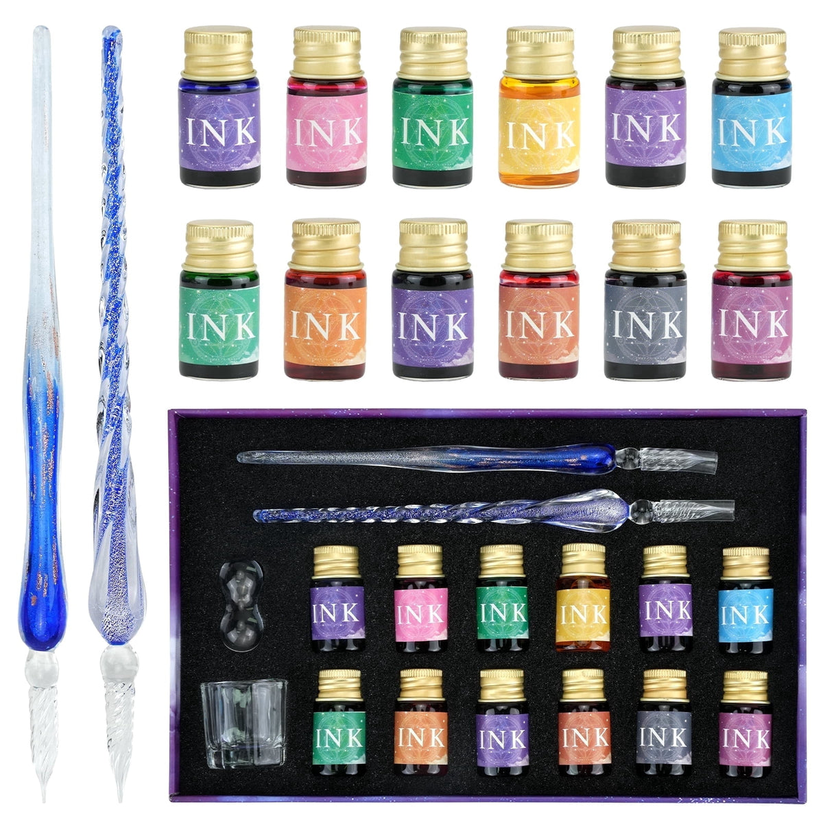 STONCEL Glass Dip Pen Set, 18-Pieces Calligraphy Pens Set - 14 Color Inks, Pen Holder, Cleaning Cup, 2 Crystal Glass Pens for Art, Writing, Drawing, Signatures, Gift for Artist