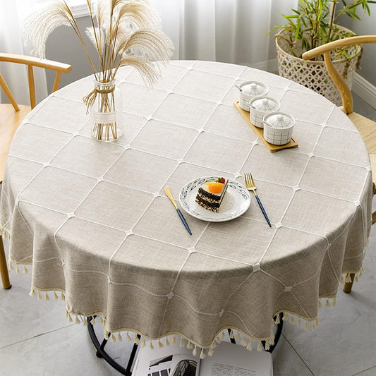 STONCEL Round Tablecloth, Boho Plaid Tassel Round Table Cloth, Heavy Weight Cotton Linen Table Cover for Kitchen Dining Farmhouse Party Tabletop Christmas Picnic Decoration (55inch, Beige)