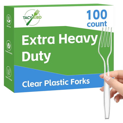 CareLoom 100 Count Extra Heavy Duty Clear Plastic Forks Disposable, BPA-Free, Heat Resistant, Solid and Durable Disposable Forks Bulk, Premium Plastic Forks heavy duty for Party Supply